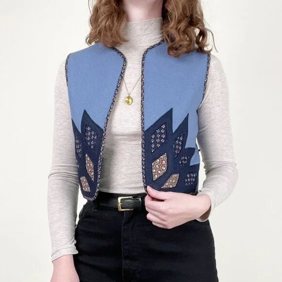 Vintage Handmade Cropped Vest Scandinavian Nordic Floral Print Crop Quilted Boho - Picture 6 of 6